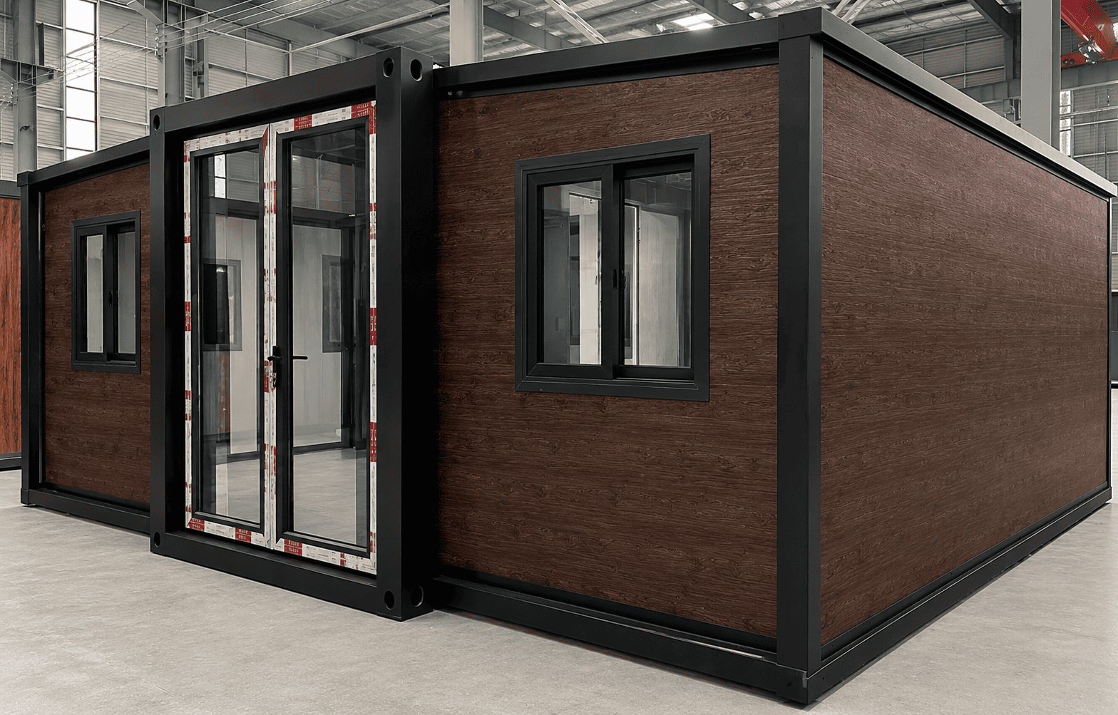 Casa container espandibile da 20 piedi Casa Box | Grano di legno scuro 2 letti 1 bagno