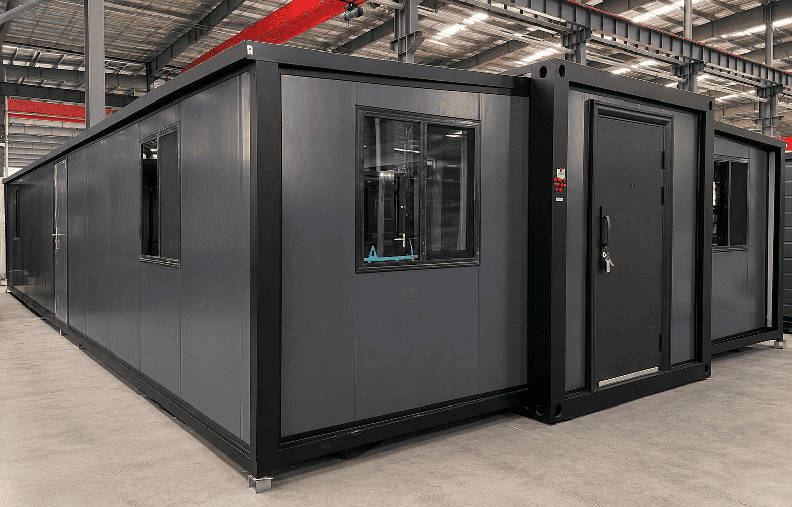 Casa container espandibile Casa Box da 40 piedi | Pannello grigio liscio e porta solida