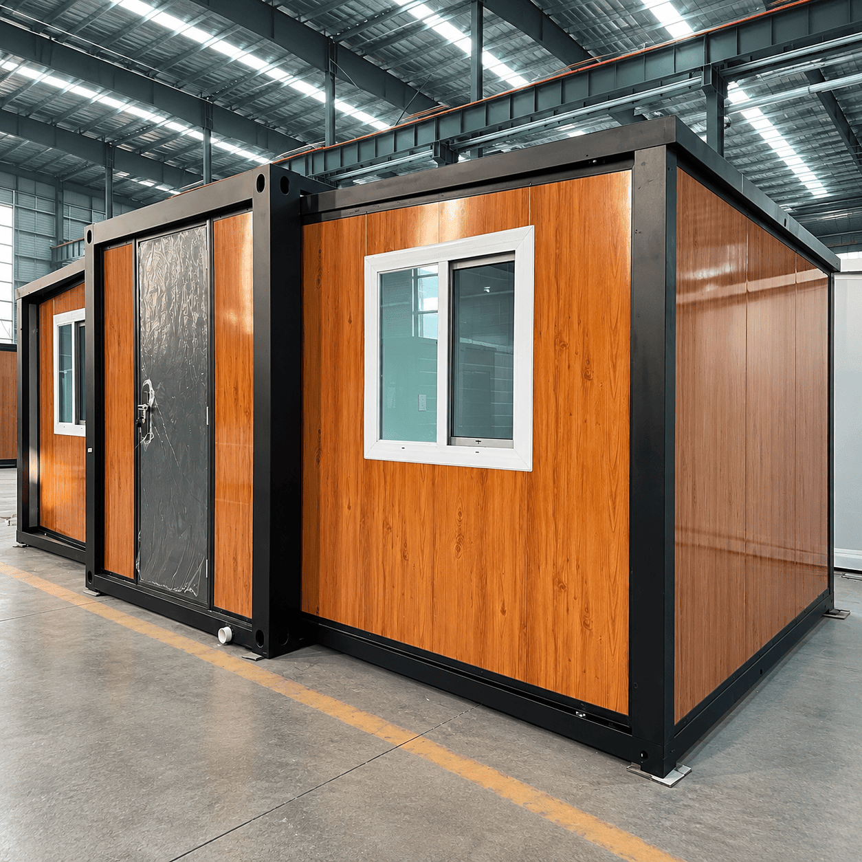 Casa container espandibile da 10 piedi Casa Box | Pannello in legno con cornice nera, prefabbricato rustico moderno