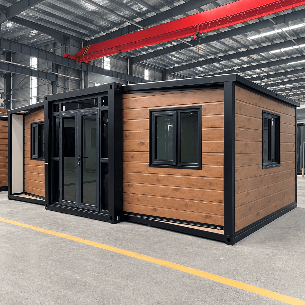 Casa container espandibile da 15 piedi Casa Box | Prefabbricato con venature del legno con cornice nera