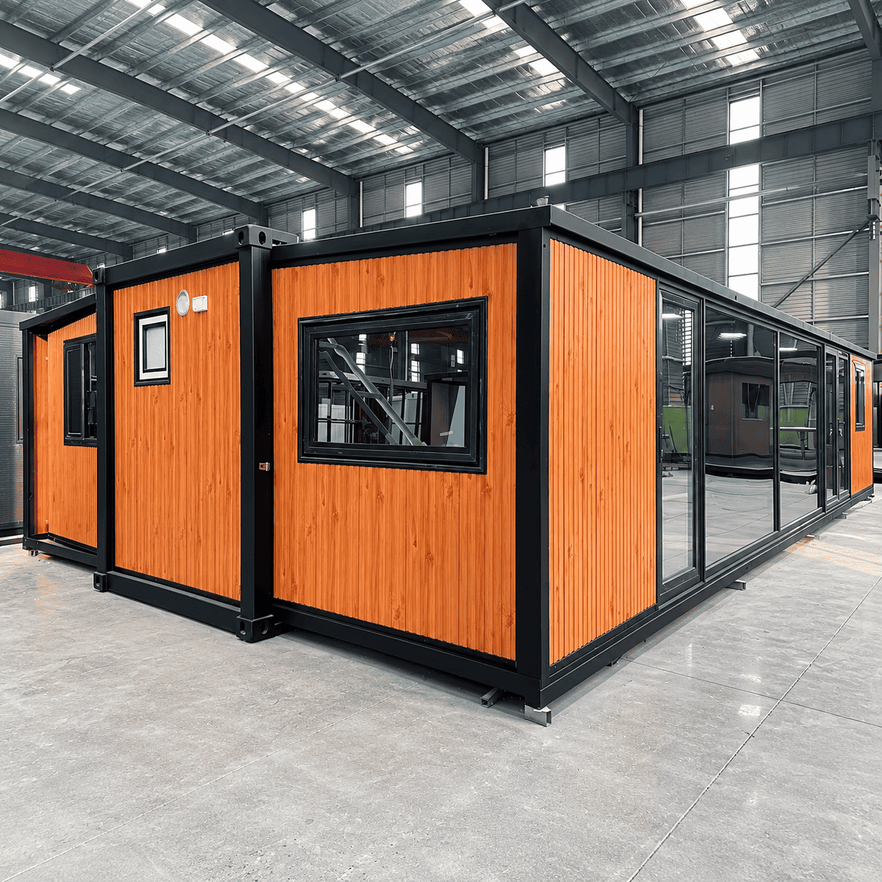 Casa container espandibile Casa Box da 40 piedi | Prefabbricato architettonico di fascia alta per esterni in legno scanalato verticale