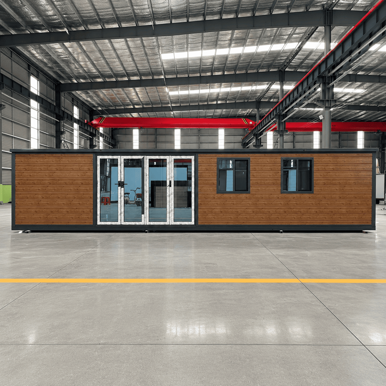 Casa container espandibile Casa Box da 40 piedi | Rivestimenti in legno e grandi porte in vetro